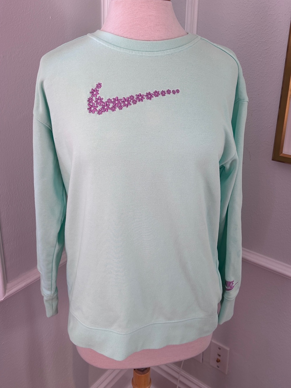 Nike Light Green Crewneck Sweatshirt with Embroidered Purple Floral Swoosh